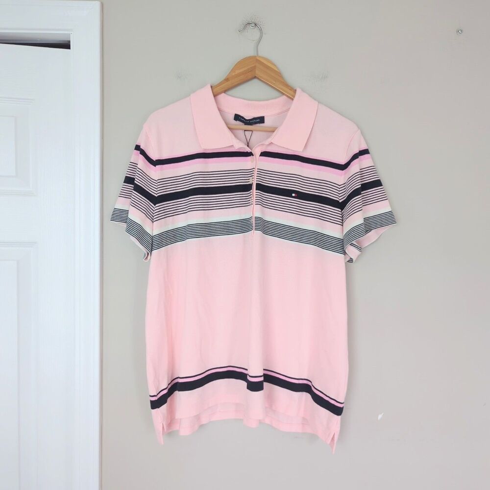 Tommy Hilfiger NWT Women's Pink Striped Short Sleeve Polo Shirt Size 1X Plus